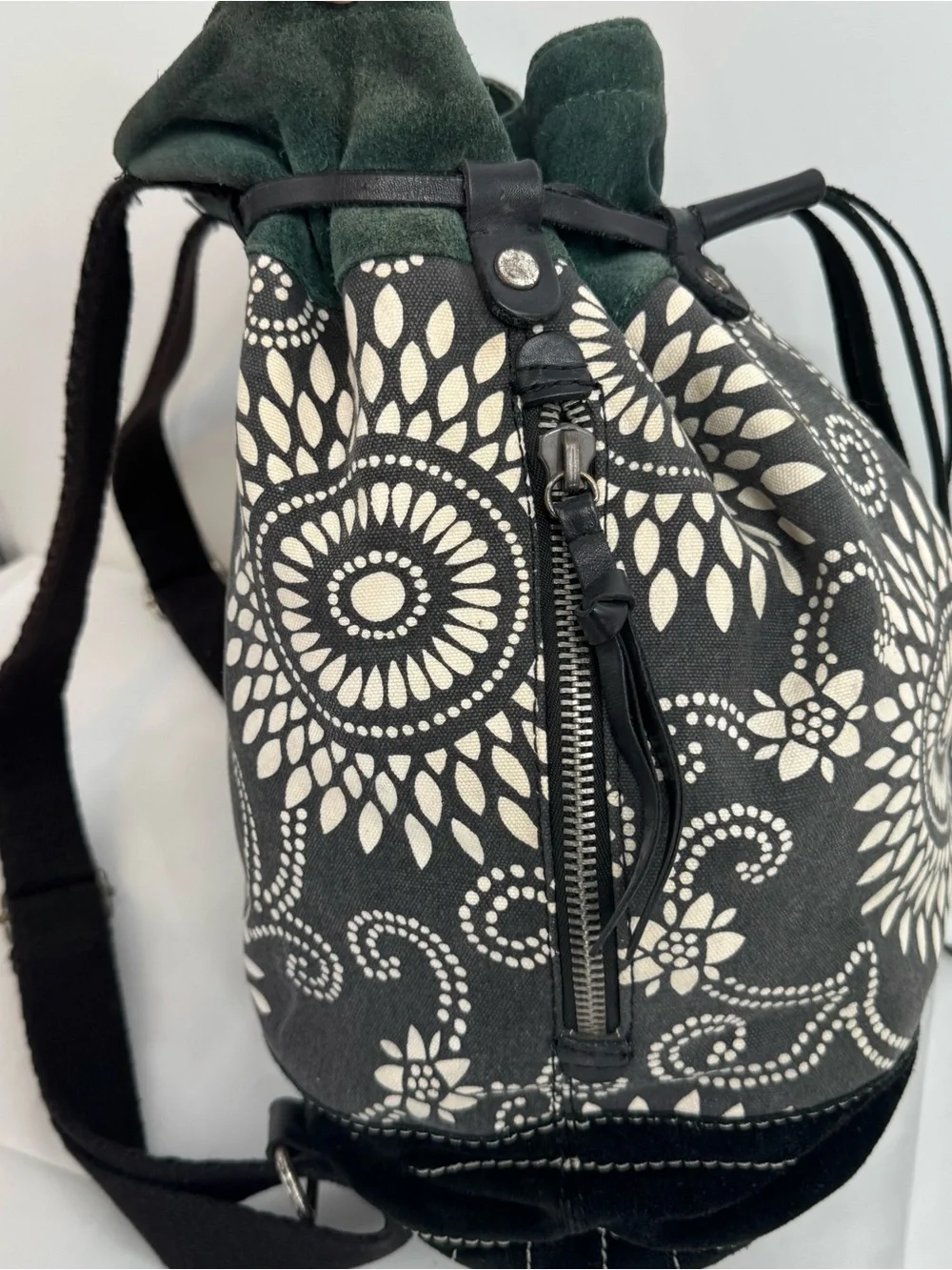 LUCKY BRAND Backpack (Deep Green Suede, Black Suede, Canvas Body, Cotton Straps)